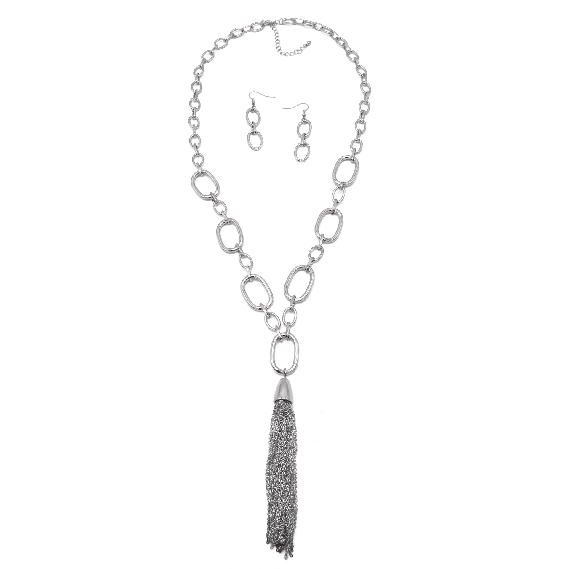 Silver Link Tassel Statement Necklace Set – Modern Elegance Drop Necklace (48