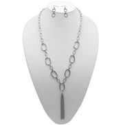 SILVER RECTANGLE LINK CHAIN TASSEL NECKLACE AND EARRING SET #SQ321-11088S