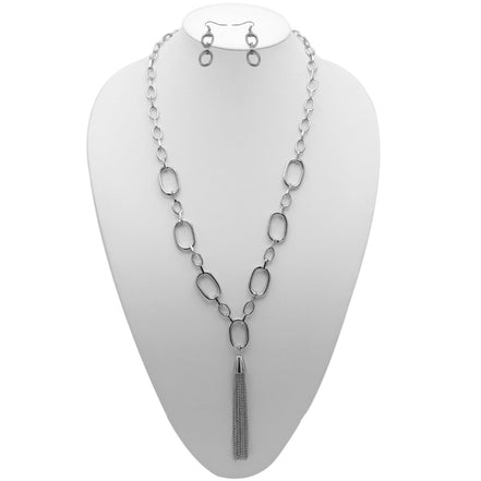 SILVER RECTANGLE LINK CHAIN TASSEL NECKLACE AND EARRING SET #SQ321-11088S