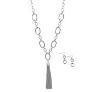 SILVER RECTANGLE LINK CHAIN TASSEL NECKLACE AND EARRING SET #SQ321-11088S