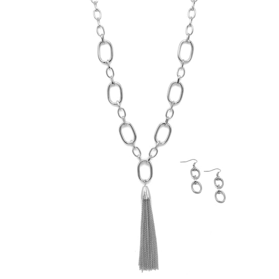 SILVER RECTANGLE LINK CHAIN TASSEL NECKLACE AND EARRING SET #SQ321-11088S