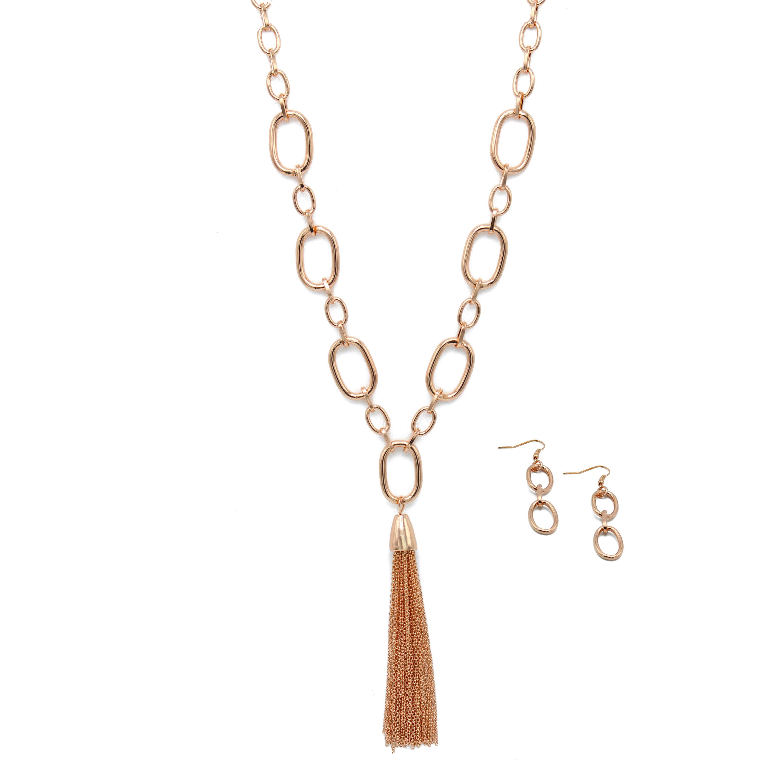 ROSE GOLD RECTANGLE LINK CHAIN TASSEL NECKLACE AND EARRING SET#SQ321-11088RG (MA18)