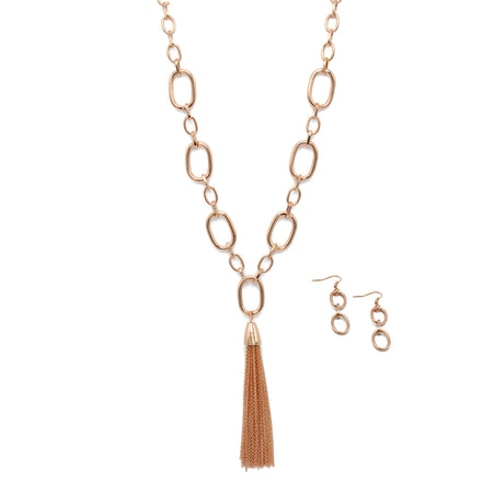 ROSE GOLD RECTANGLE LINK CHAIN TASSEL NECKLACE AND EARRING SET#SQ321-11088RG (MA18)