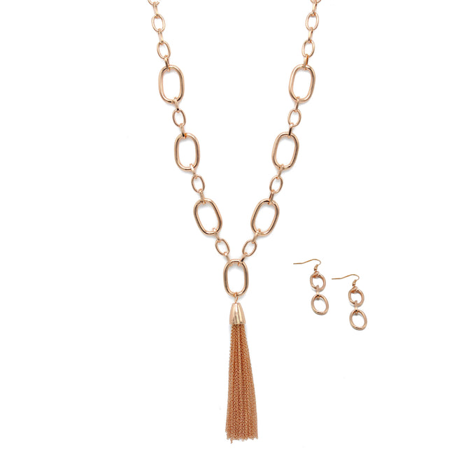 ROSE GOLD RECTANGLE LINK CHAIN TASSEL NECKLACE AND EARRING SET#SQ321-11088RG (MA18)