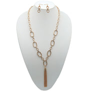 ROSE GOLD RECTANGLE LINK CHAIN TASSEL NECKLACE AND EARRING SET#SQ321-11088RG (MA18)