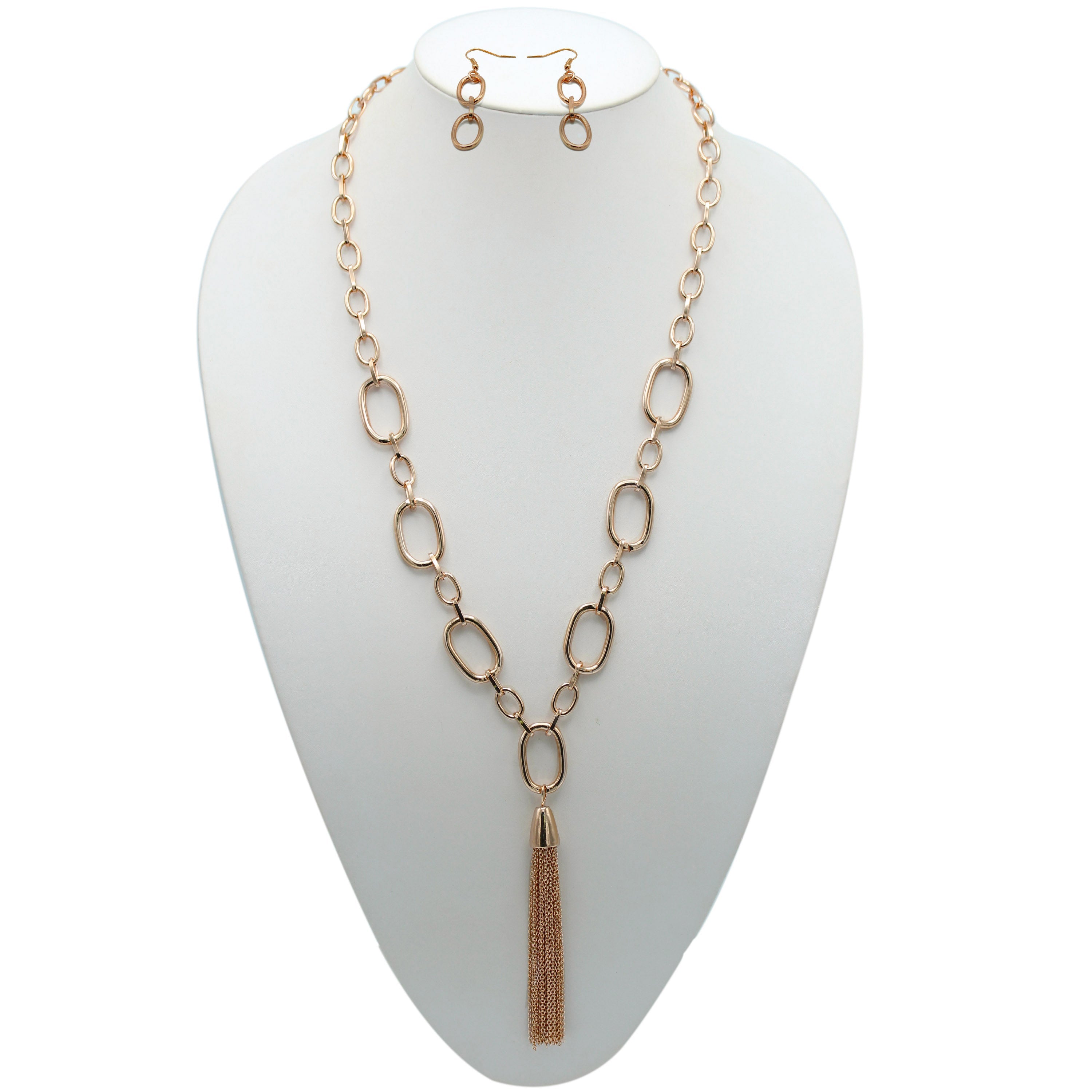 ROSE GOLD RECTANGLE LINK CHAIN TASSEL NECKLACE AND EARRING SET#SQ321-11088RG (MA18)