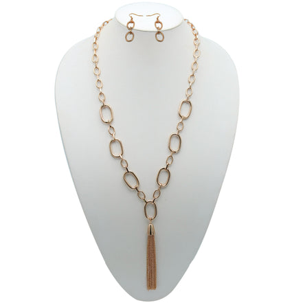 ROSE GOLD RECTANGLE LINK CHAIN TASSEL NECKLACE AND EARRING SET#SQ321-11088RG (MA18)