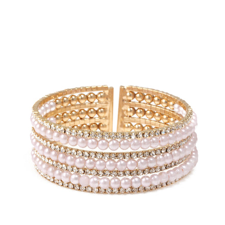 GOLD CRYSTAL AND PEARL COIL MEMORY WIRE BRACELET SWY-18163G (KNC3)