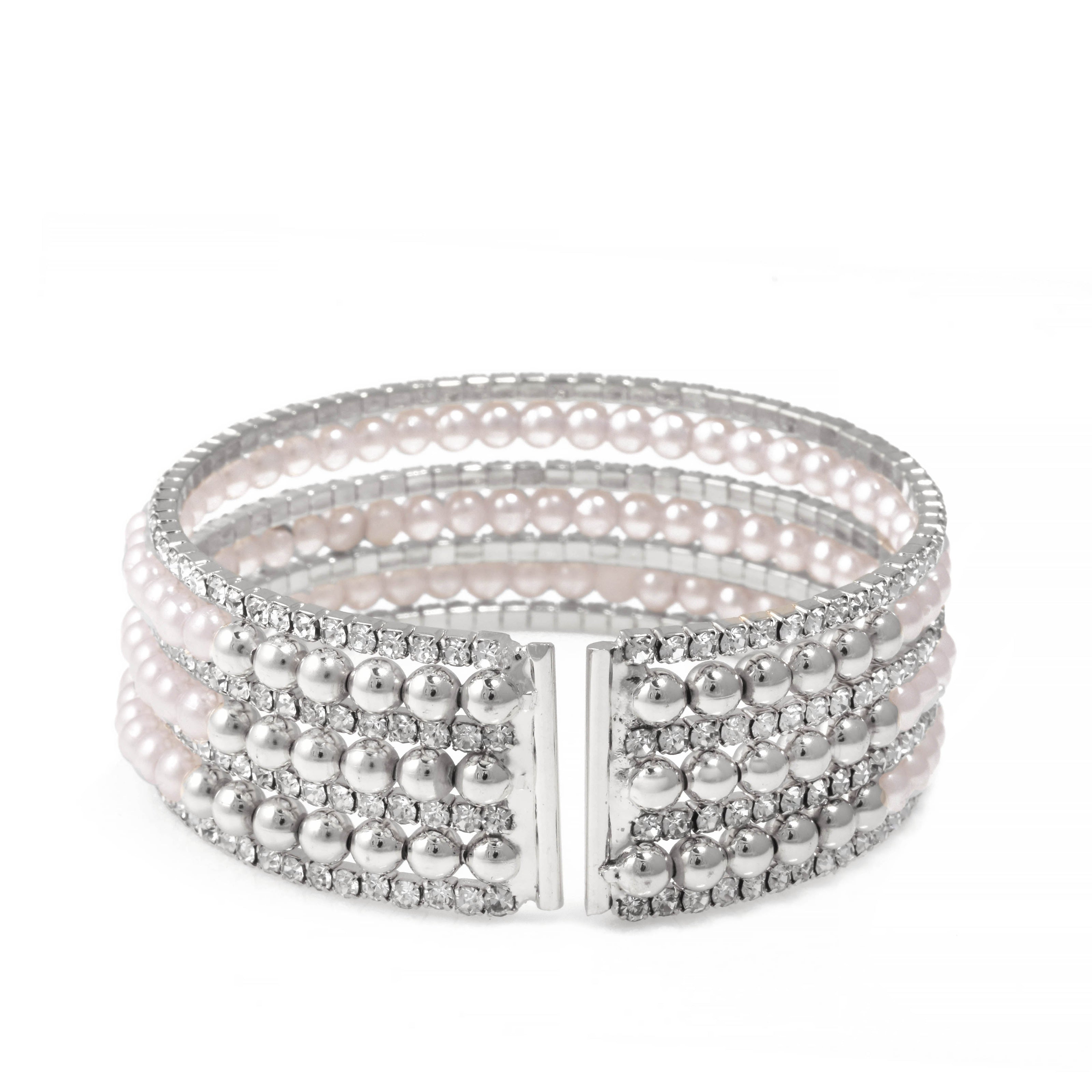 SILVER CRYSTAL AND PEARL COIL MEMORY WIRE BRACELET SWY-18163S (KNC3)