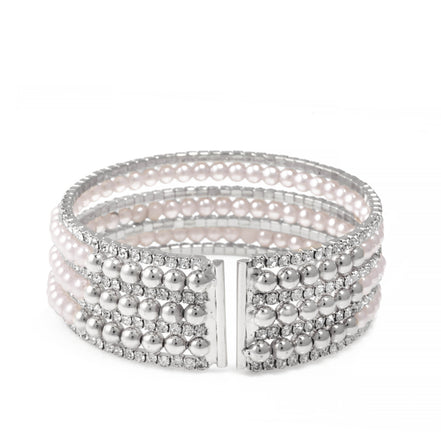 SILVER CRYSTAL AND PEARL COIL MEMORY WIRE BRACELET SWY-18163S (KNC3)