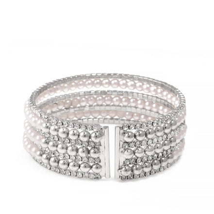 SILVER CRYSTAL AND PEARL COIL MEMORY WIRE BRACELET SWY-18163S (KNC3)