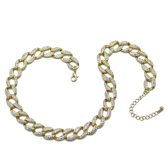 GOLD PAVE CRYSTAL FLAT CURB CHAIN  STATEMENT NECKLACE #HNN90453-1GD (XA12)