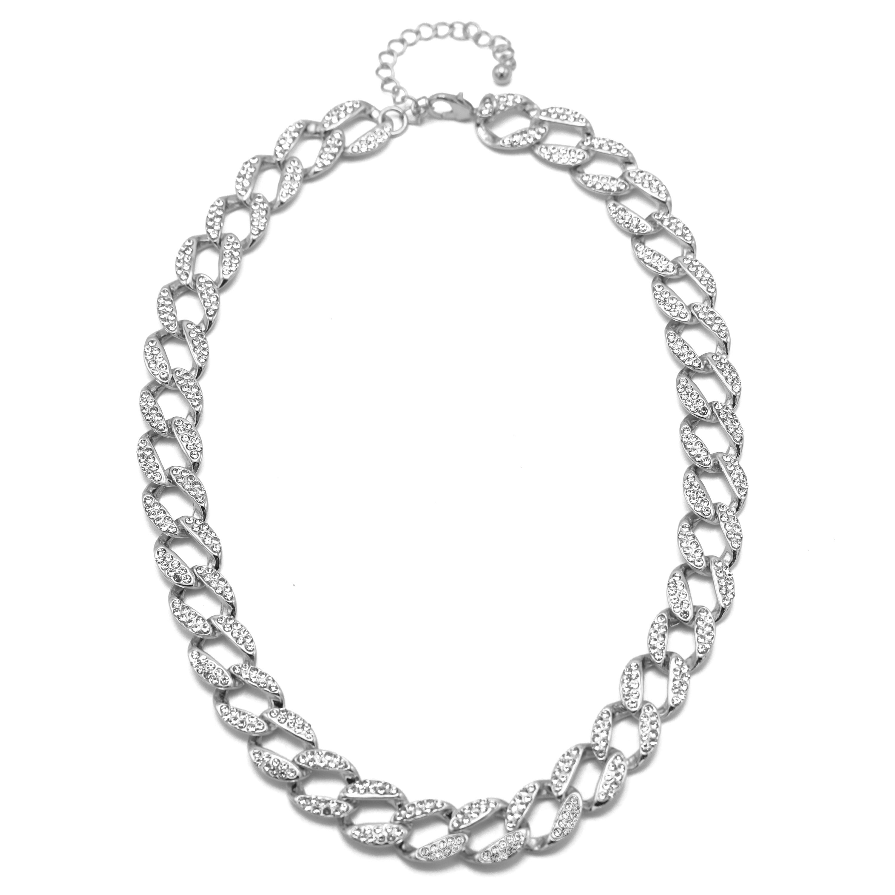 SILVER PAVE CRYSTAL FLAT CURB CHAIN  STATEMENT NECKLACE#HNN90453-1SL (XB13)