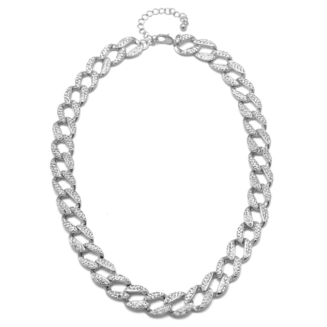 SILVER PAVE CRYSTAL FLAT CURB CHAIN  STATEMENT NECKLACE#HNN90453-1SL (XB13)