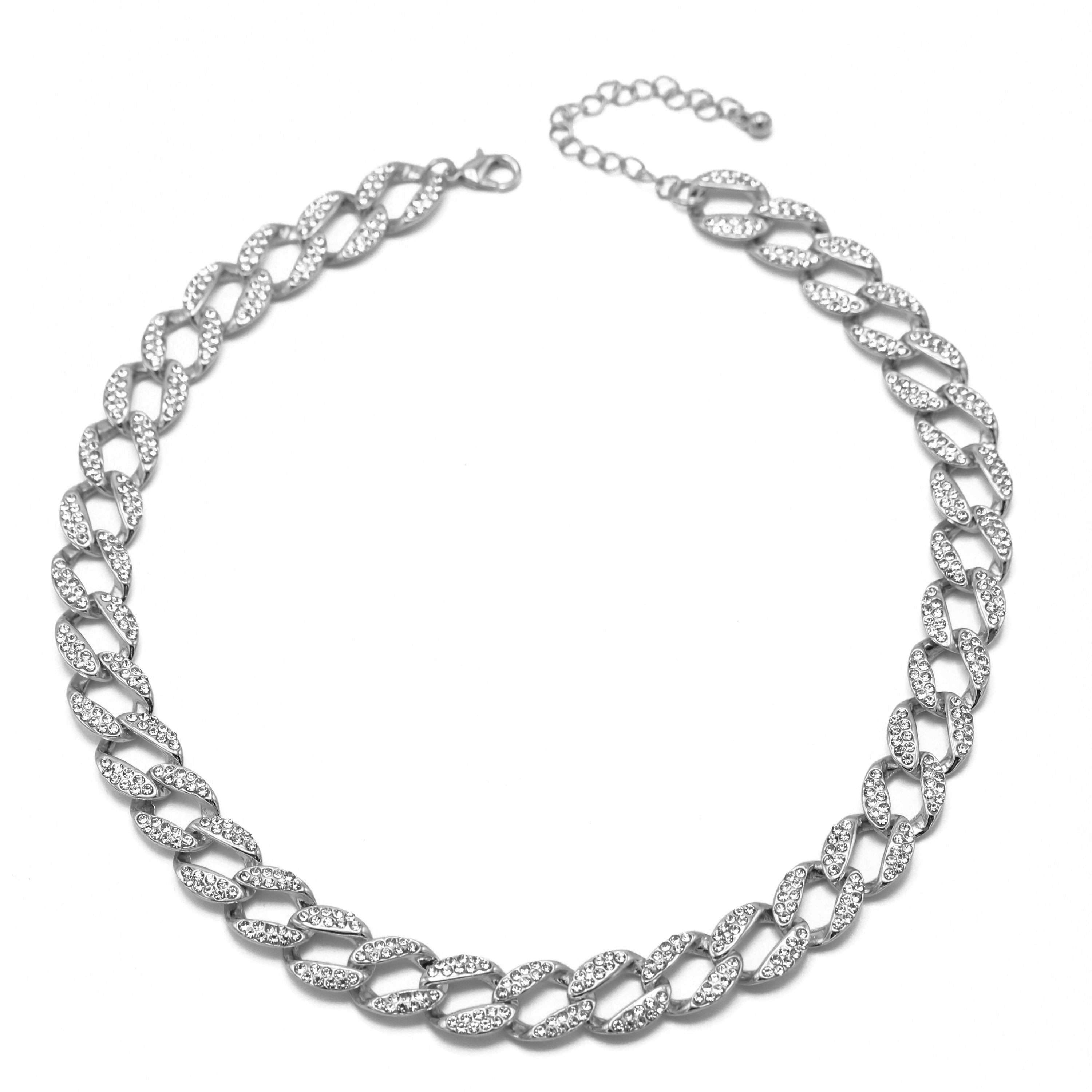 SILVER PAVE CRYSTAL FLAT CURB CHAIN  STATEMENT NECKLACE#HNN90453-1SL (XB13)