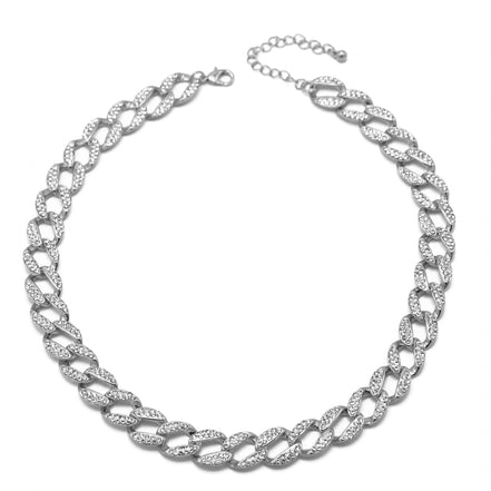 SILVER PAVE CRYSTAL FLAT CURB CHAIN  STATEMENT NECKLACE#HNN90453-1SL (XB13)