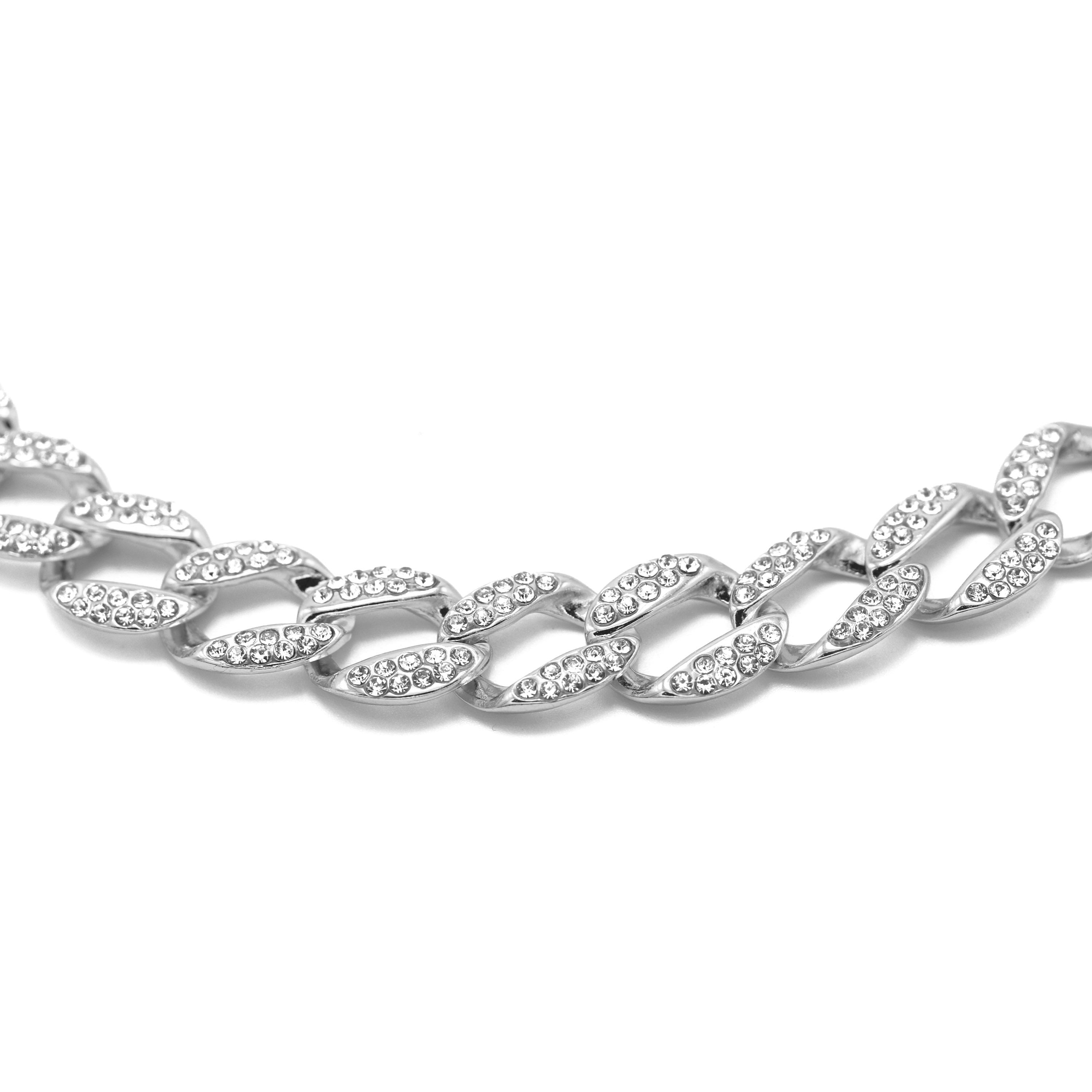 SILVER PAVE CRYSTAL FLAT CURB CHAIN  STATEMENT NECKLACE#HNN90453-1SL (XB13)