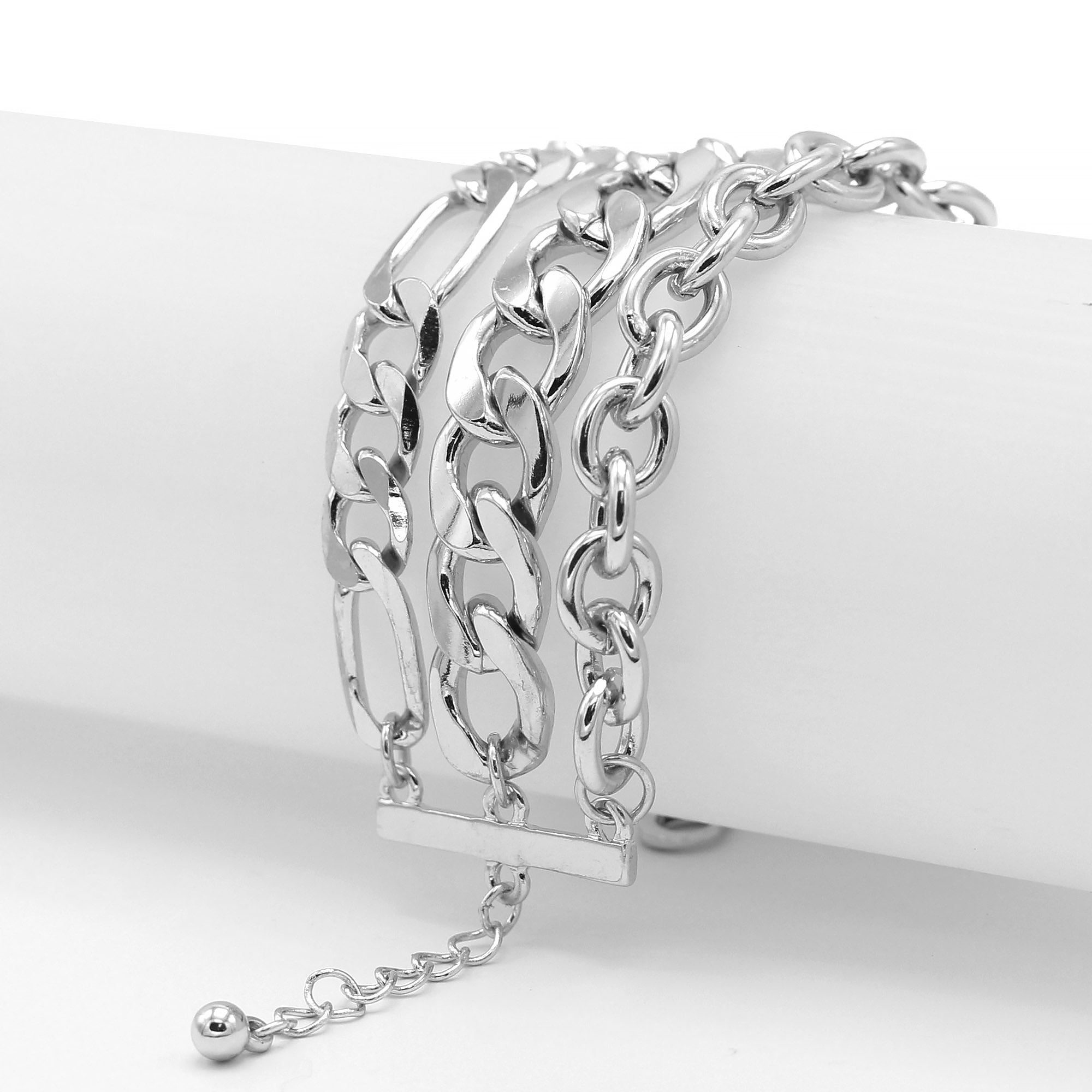 Silver Multi-Layer Curb Chain Bracelet – Adjustable Chunky Statement Wrist wear# HNB90425-1SL (XD16)