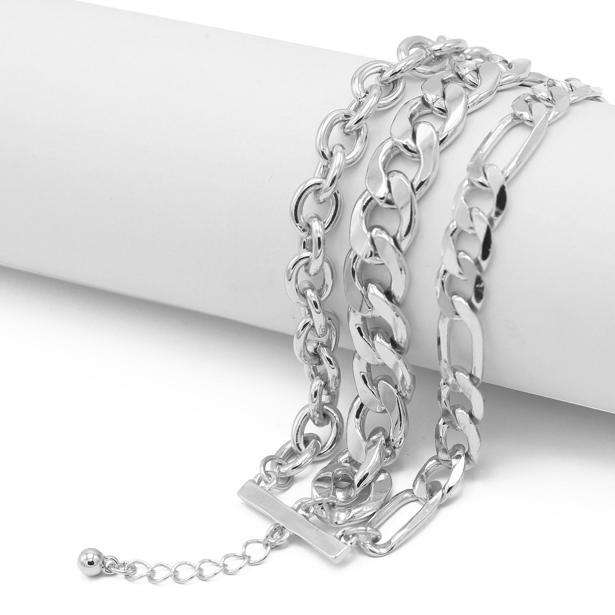 Silver Multi-Layer Curb Chain Bracelet – Adjustable Chunky Statement Wrist wear# HNB90425-1SL (XD16)