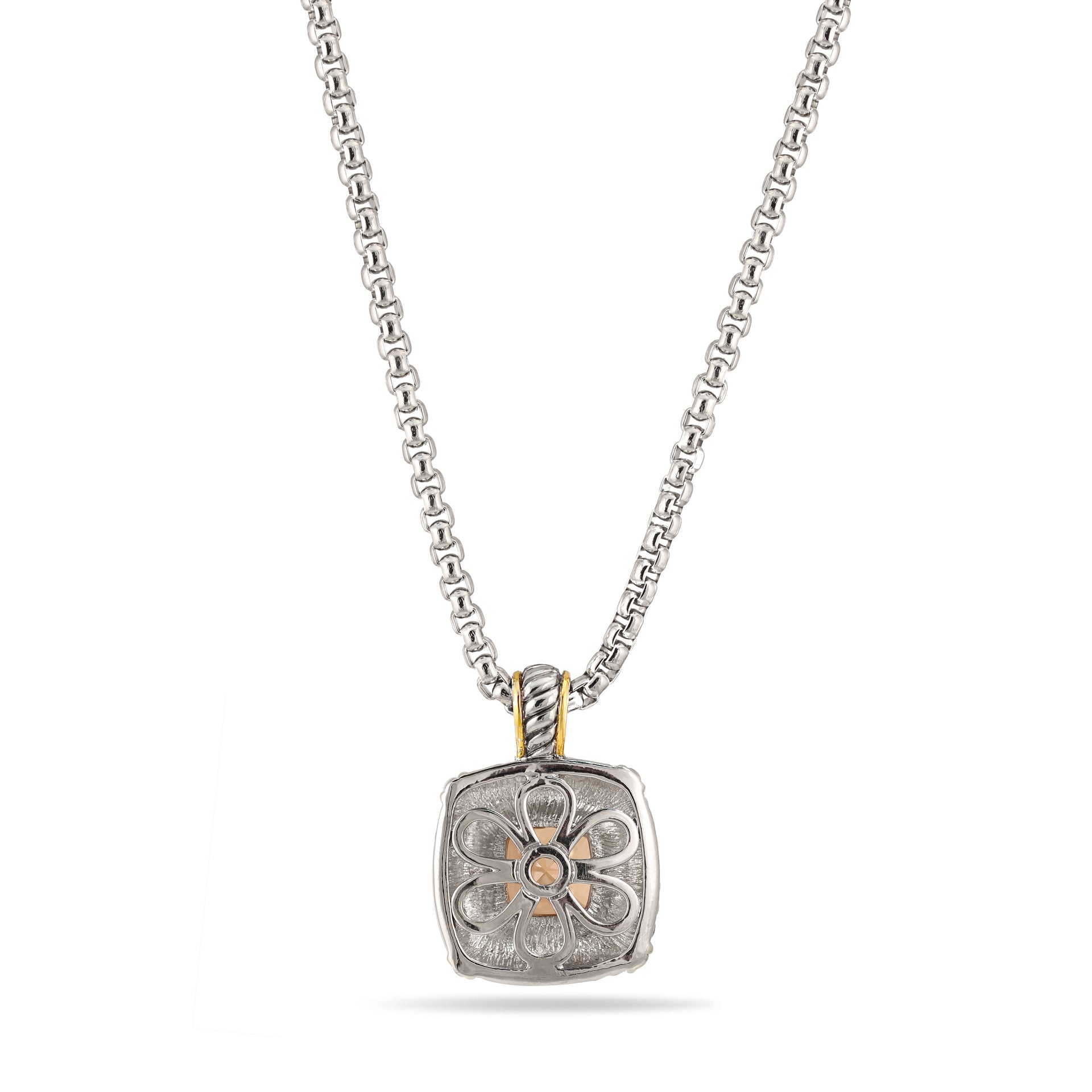 TWO TONE CHAMPAGNE CRYSTAL SQUARE PENDANT BOX CHAIN NECKLACE# 93012EH-CHAM(FE16/(FA17)