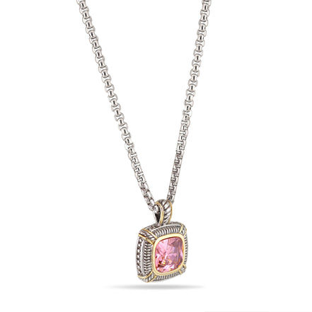 TWO TONE ROSE CRYSTAL SQUARE PENDANT BOX CHAIN NECKLACE# 93012EH-ROSE(FA17)