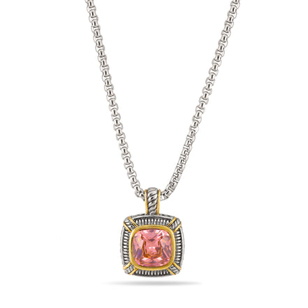 TWO TONE ROSE CRYSTAL SQUARE PENDANT BOX CHAIN NECKLACE# 93012EH-ROSE(FA17)
