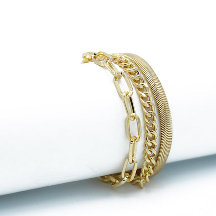 GOLD THREE ROW CHAIN BRACELET #HNB90463GD
