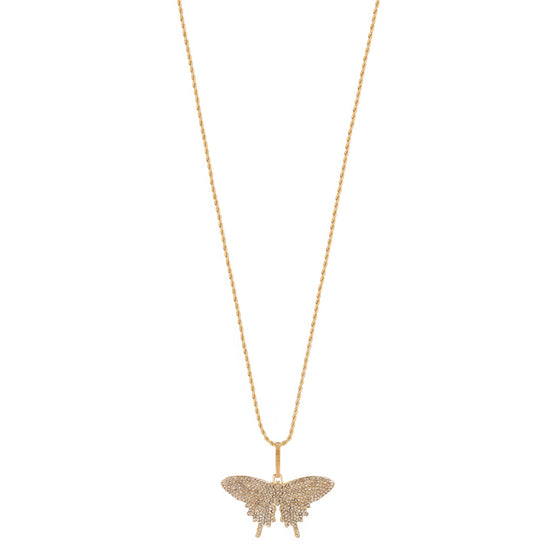 GOLD CRYSTAL BUTTERFLY PENDANT LONG CHAIN NECKLACE#SQGN-20212044GLD (EA5)