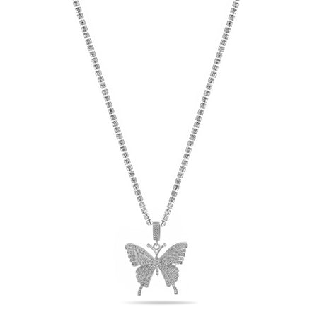 SILVER BUTTERFLY PENDANT PAVE CRYSTAL CHAIN NECKLACE#SQGN-20210250SIL (DF3)