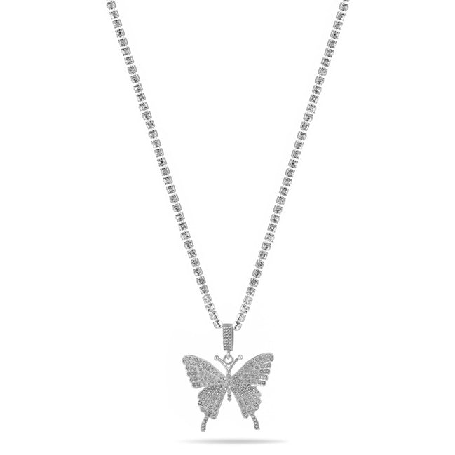 SILVER BUTTERFLY PENDANT PAVE CRYSTAL CHAIN NECKLACE#SQGN-20210250SIL (DF3)