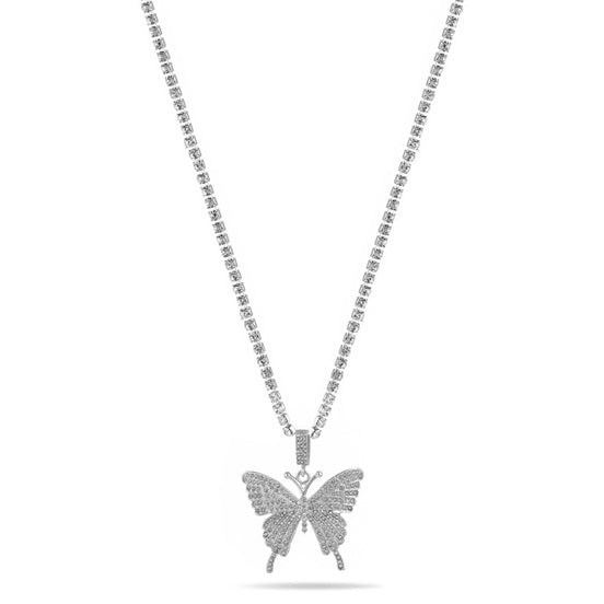 SILVER BUTTERFLY PENDANT PAVE CRYSTAL CHAIN NECKLACE#SQGN-20210250SIL (DF3)