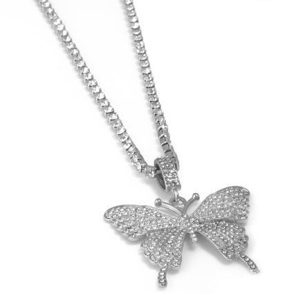 SILVER BUTTERFLY PENDANT PAVE CRYSTAL CHAIN NECKLACE#SQGN-20210250SIL (DF3)