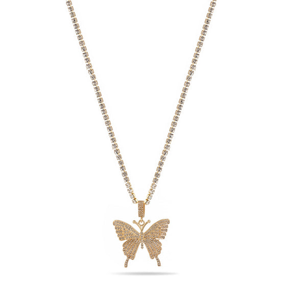 GOLD BUTTERFLY PENDANT PAVE CRYSTAL CHAIN NECKLACE #SQGN-20210250GLD (DF3)