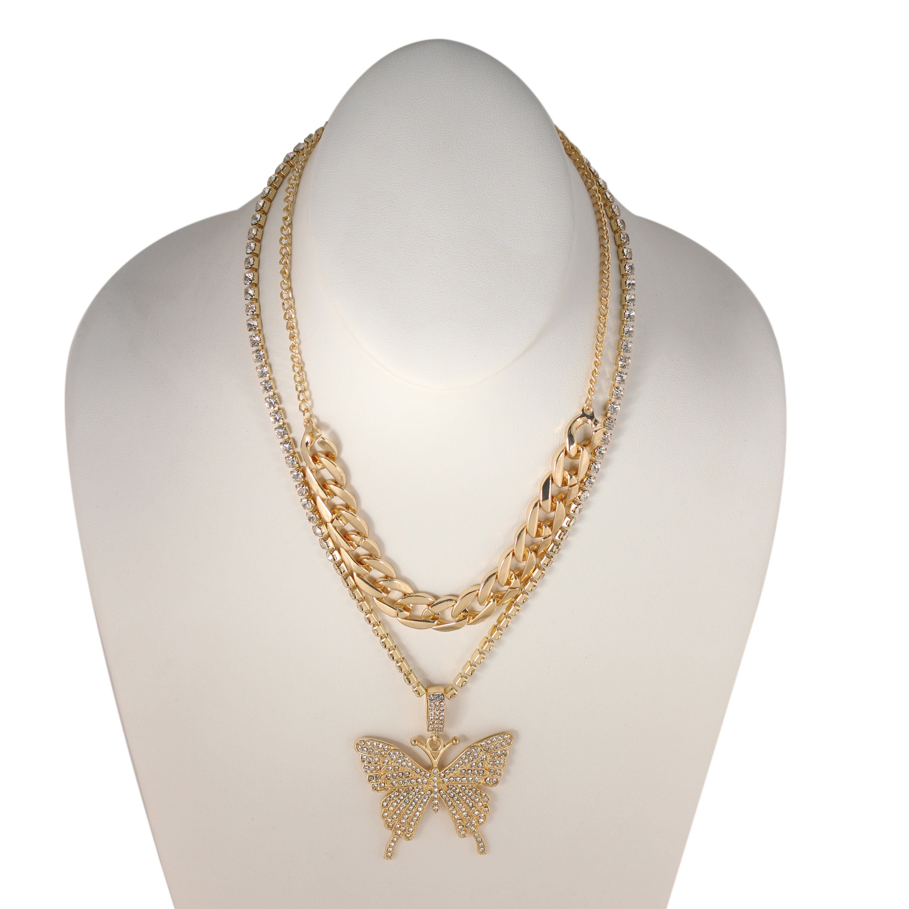 GOLD BUTTERFLY PENDANT PAVE CRYSTAL AND CURB CHAIN  NECKLACE#SQGN-20210204GLD (EE2 , EE3)