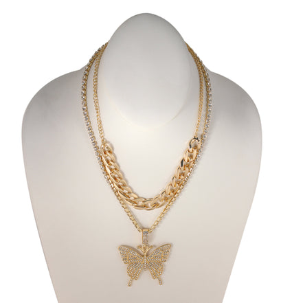 GOLD BUTTERFLY PENDANT PAVE CRYSTAL AND CURB CHAIN  NECKLACE#SQGN-20210204GLD (EE2 , EE3)