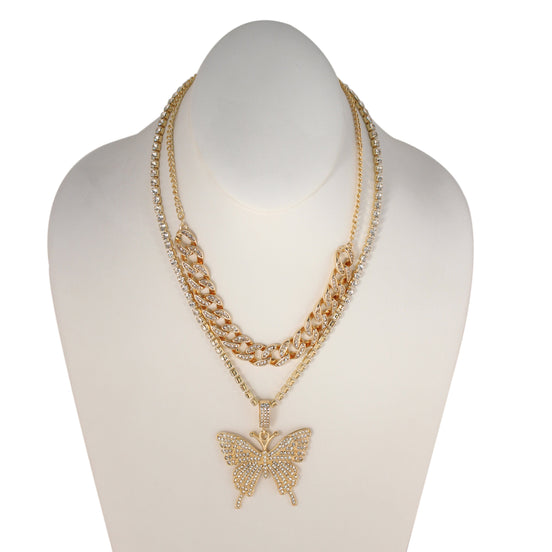 GOLD BUTTERFLY PENDANT PAVE CRYSTAL AND CURB CHAIN  NECKLACE#SQGN-20210204GLD (EE2 , EE3)