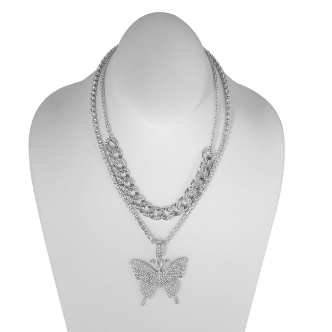 SILVER BUTTERFLY PENDANT PAVE CRYSTAL AND CURB CHAIN  NECKLACE#SQGN-20210204SIL (EE2 , EE3)