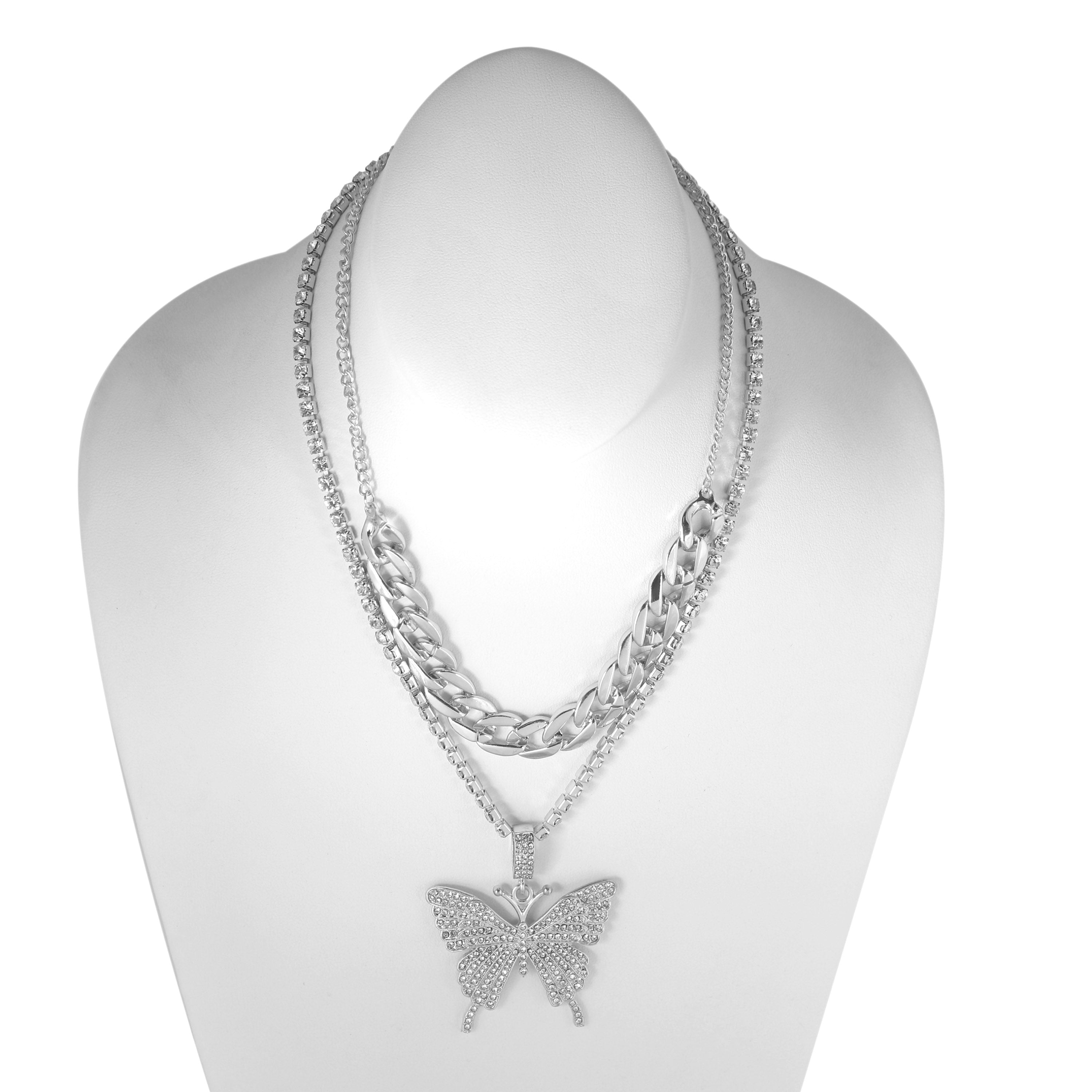 SILVER BUTTERFLY PENDANT PAVE CRYSTAL AND CURB CHAIN  NECKLACE#SQGN-20210204SIL (EE2 , EE3)