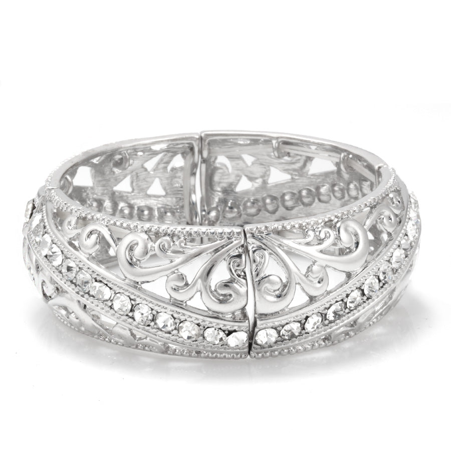 Silver-Tone Metal Filigree Crystal Stretch Bracelets