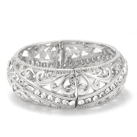 Silver-Tone Metal Filigree Crystal Stretch Bracelets
