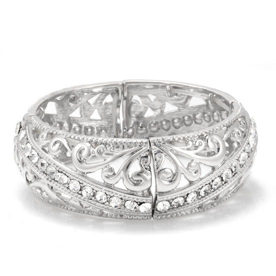 Silver-Tone Metal Filigree Crystal Stretch Bracelets