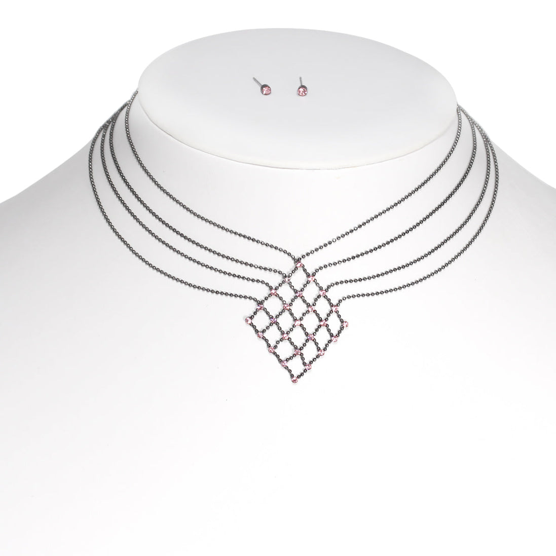 Pink Crystal Hematite Chain Adjustable Length Layer Necklace And Earrings Set