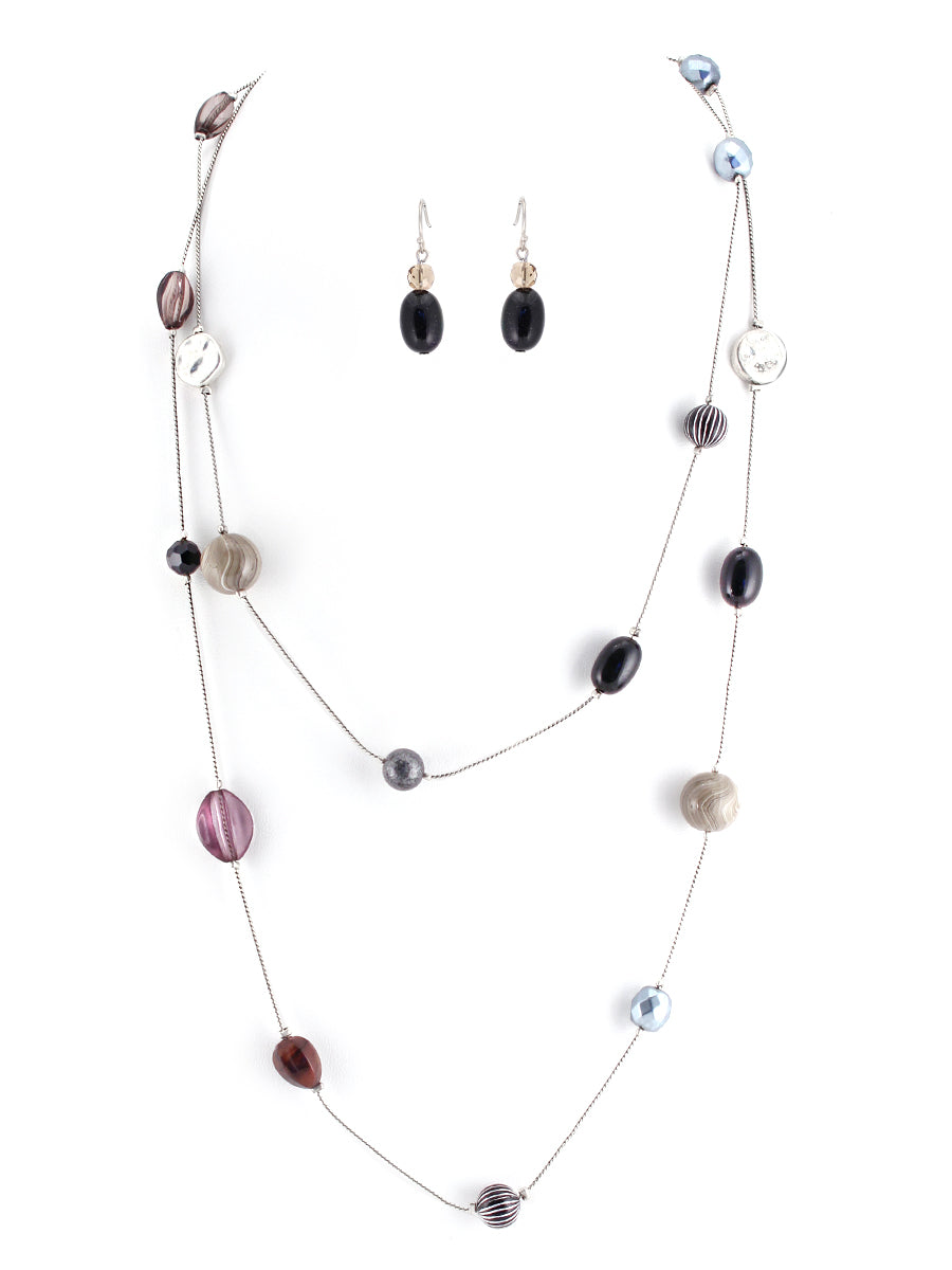Black Mixed Glass Bead Silver Long Necklace and Earrings Set