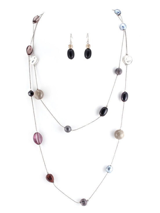 Black Mixed Glass Bead Silver Long Necklace and Earrings Set