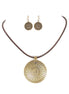 Oriental Design Gold Pendant with Brown Leaterh Cord Necklace and Earrings Set