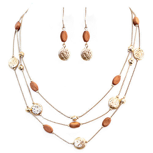 Hammered Gold Bead with Wood Necklace and Earrings Set