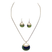 Women's Gold-Tone Olive Green Faux Cat’s Eye Pendant Necklace & Earring Set | Modern Round Drop Jewelry Set  #WS23839NE85_OLI (SHBA3)