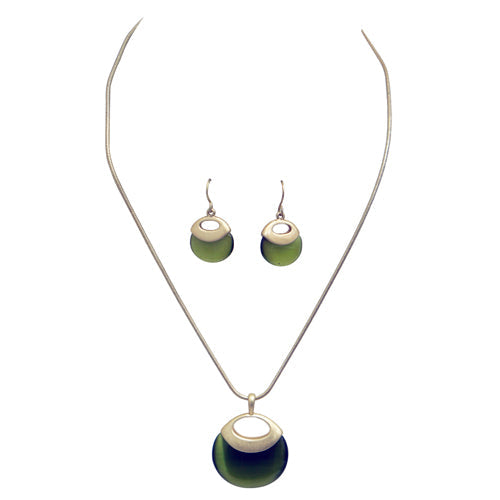 Women's Gold-Tone Olive Green Faux Cat’s Eye Pendant Necklace & Earring Set | Modern Round Drop Jewelry Set  #WS23839NE85_OLI (SHBA3)