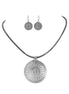 Oriental Design Silver Pendant with Black Leaterh Cord Necklace and Earrings Set