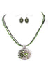 Fabulous Design Olive Stone with Silver Oval Shape Pendant with Waxed Cotton Cord Necklace and Earrings Set